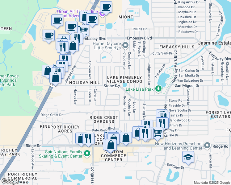 map of restaurants, bars, coffee shops, grocery stores, and more near 6651 Tripoli Way in Port Richey