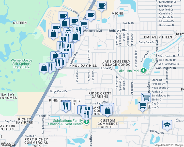 map of restaurants, bars, coffee shops, grocery stores, and more near 8923 Cairo Lane in Port Richey