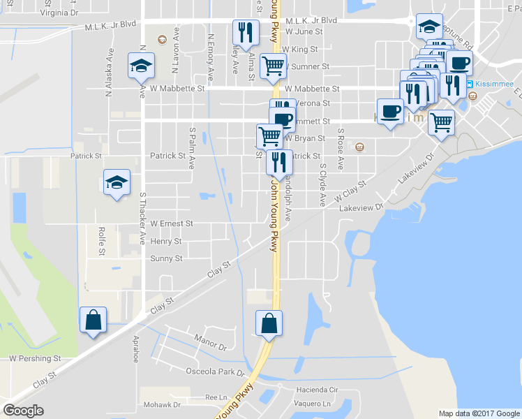 map of restaurants, bars, coffee shops, grocery stores, and more near 501 Para Avenue in Kissimmee