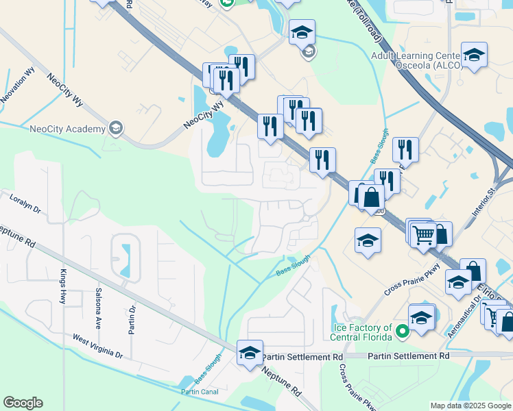 map of restaurants, bars, coffee shops, grocery stores, and more near 604 Cornerstone Drive in Kissimmee