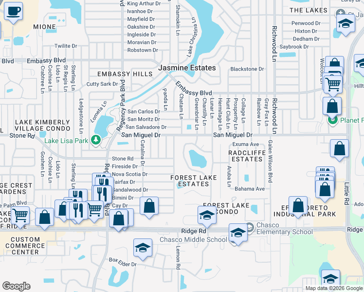 map of restaurants, bars, coffee shops, grocery stores, and more near 7502 Lake Forest Circle in Port Richey