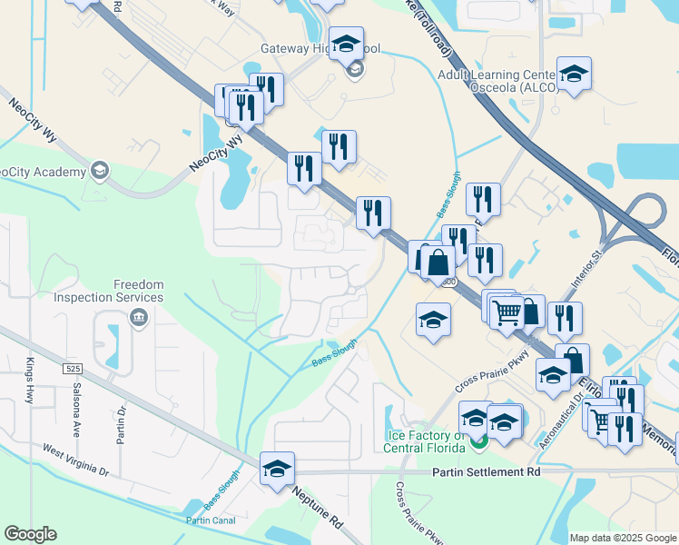 map of restaurants, bars, coffee shops, grocery stores, and more near 621 Founders Drive in Kissimmee