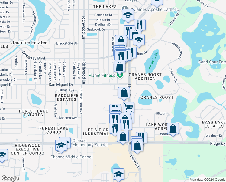 map of restaurants, bars, coffee shops, grocery stores, and more near 8931 Miguel Place in Port Richey