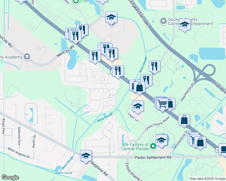 map of restaurants, bars, coffee shops, grocery stores, and more near 2052 Green Oak Court in Kissimmee