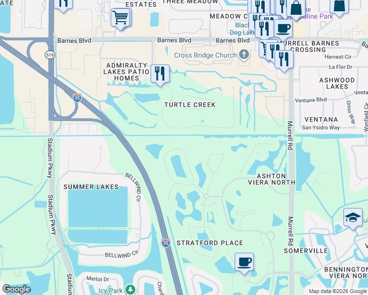 map of restaurants, bars, coffee shops, grocery stores, and more near 4481 Aberdeen Circle in Rockledge