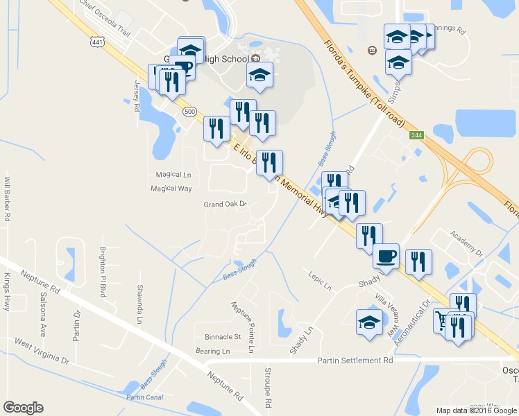 map of restaurants, bars, coffee shops, grocery stores, and more near 2052 Green Oak Court in Kissimmee
