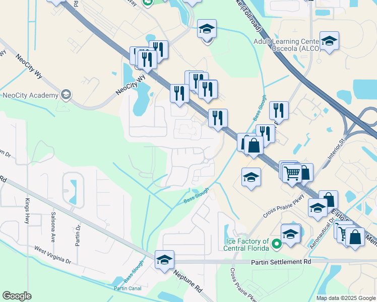 map of restaurants, bars, coffee shops, grocery stores, and more near 605 Elmhurst Court in Kissimmee
