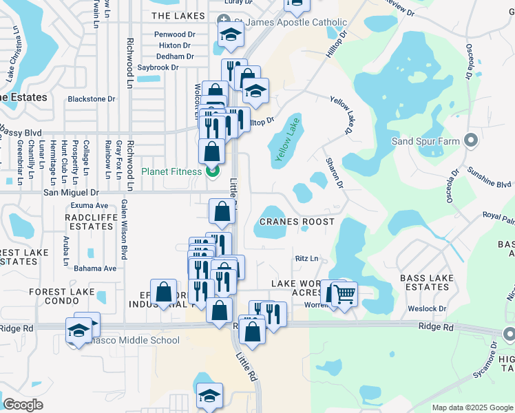 map of restaurants, bars, coffee shops, grocery stores, and more near 8924 Planters Lane in New Port Richey