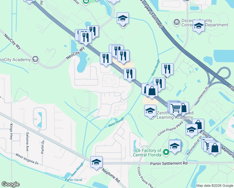 map of restaurants, bars, coffee shops, grocery stores, and more near 2051 Grand Oak Drive in Kissimmee