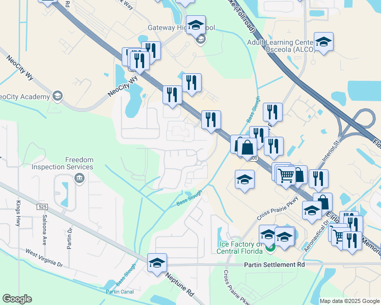 map of restaurants, bars, coffee shops, grocery stores, and more near 617 Founders Drive in Kissimmee