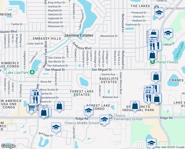 map of restaurants, bars, coffee shops, grocery stores, and more near 8924 Forest Lake Drive in Port Richey