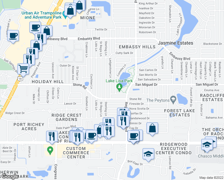 map of restaurants, bars, coffee shops, grocery stores, and more near 8930 Ledgestone Lane in Port Richey