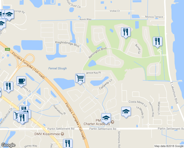 map of restaurants, bars, coffee shops, grocery stores, and more near 433 Janice Kay Place in Kissimmee