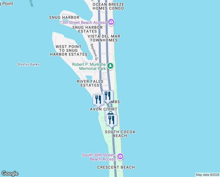 map of restaurants, bars, coffee shops, grocery stores, and more near 14 South 20th Street in Cocoa Beach