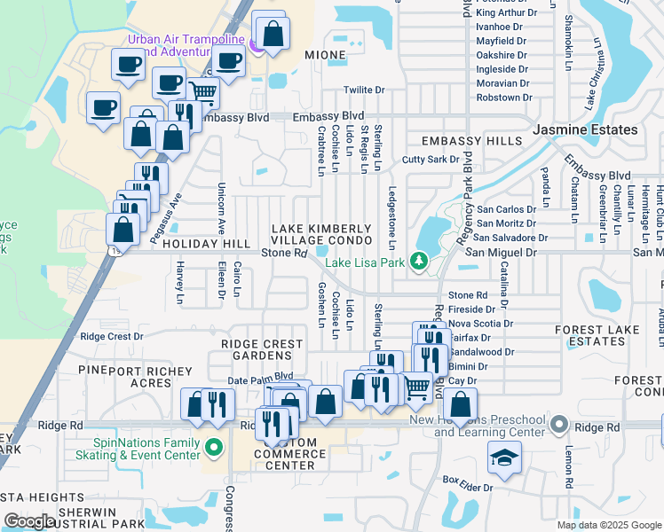map of restaurants, bars, coffee shops, grocery stores, and more near 8921 Cochise Lane in Port Richey