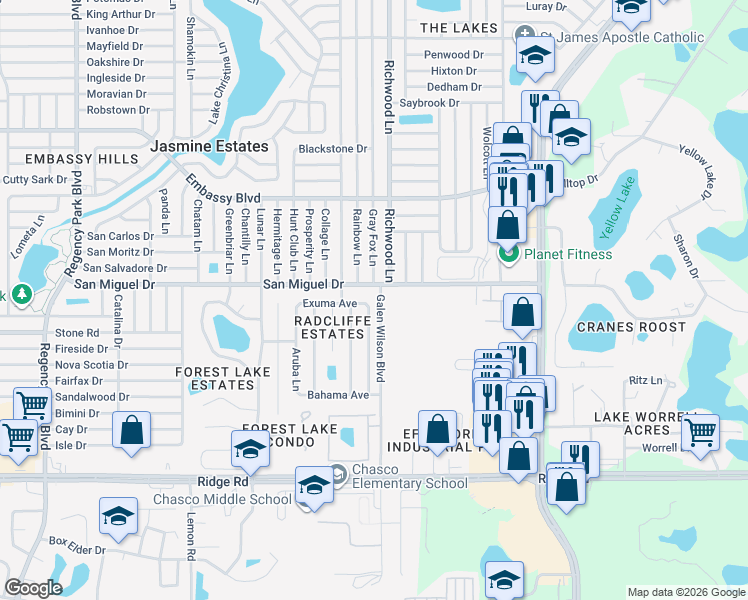 map of restaurants, bars, coffee shops, grocery stores, and more near 8920 Andros Lane in Port Richey