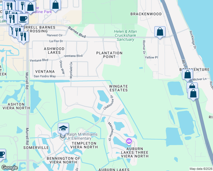 map of restaurants, bars, coffee shops, grocery stores, and more near 1175 Clubhouse Drive in Rockledge