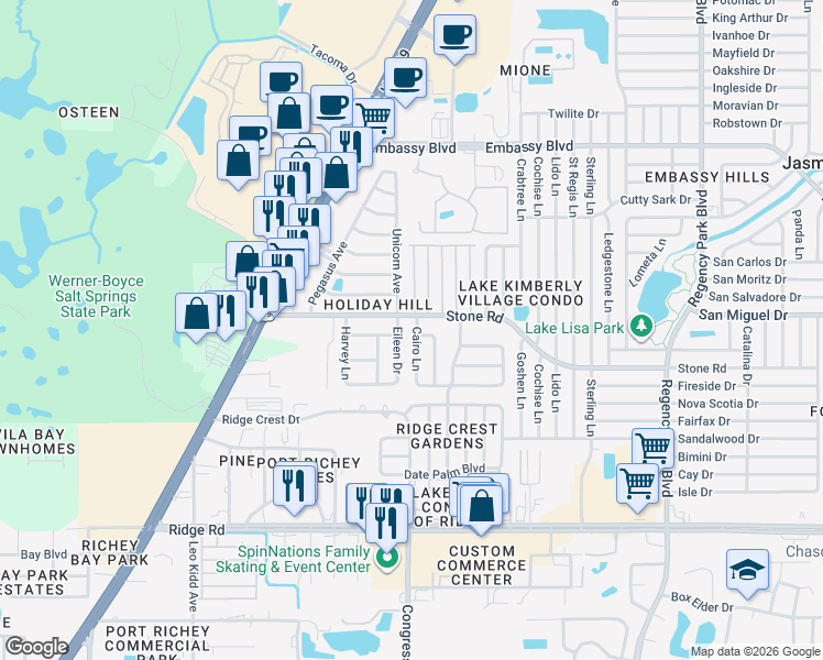 map of restaurants, bars, coffee shops, grocery stores, and more near 8923 Cairo Lane in Port Richey