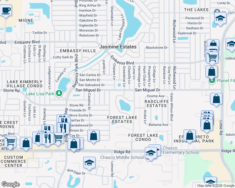 map of restaurants, bars, coffee shops, grocery stores, and more near 7502 Lake Forest Circle in Port Richey