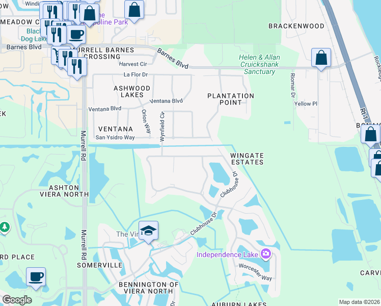 map of restaurants, bars, coffee shops, grocery stores, and more near 2018 Auburn Lakes Drive in Rockledge