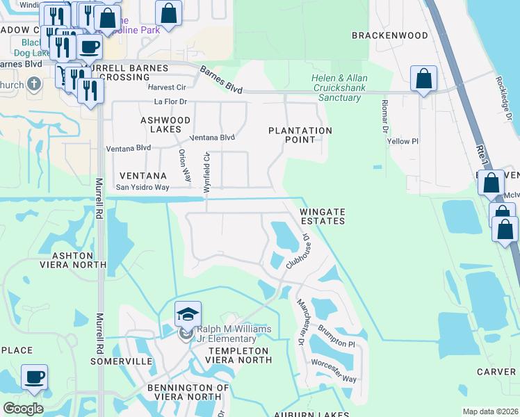 map of restaurants, bars, coffee shops, grocery stores, and more near 2087 Auburn Lakes Drive in Rockledge