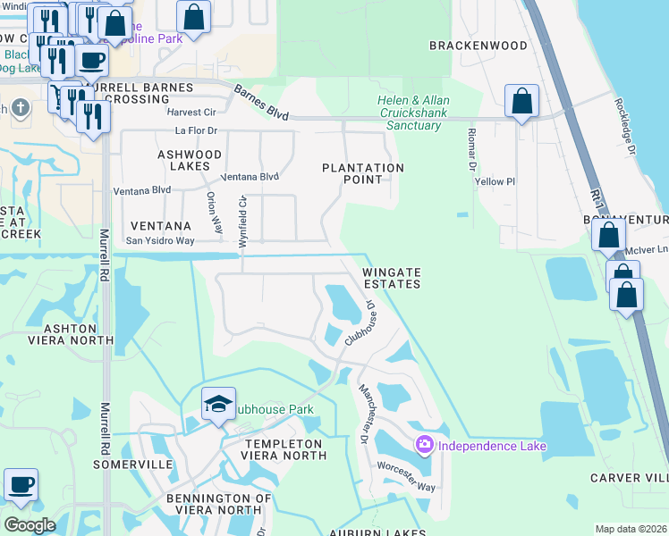 map of restaurants, bars, coffee shops, grocery stores, and more near 1176 Clubhouse Drive in Rockledge