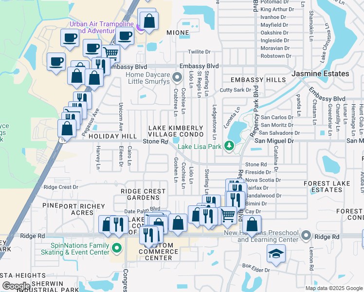 map of restaurants, bars, coffee shops, grocery stores, and more near 8921 Cochise Lane in Port Richey