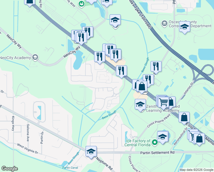 map of restaurants, bars, coffee shops, grocery stores, and more near 2015 Grand Oak Drive in Kissimmee