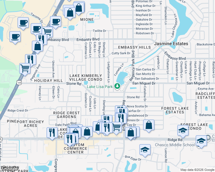 map of restaurants, bars, coffee shops, grocery stores, and more near 8943 Ledgestone Lane in Port Richey