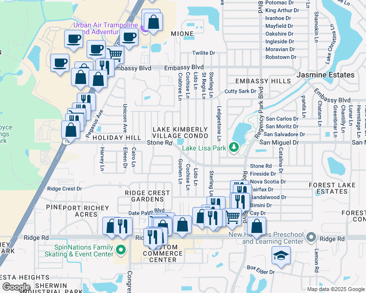 map of restaurants, bars, coffee shops, grocery stores, and more near 8921 Cochise Lane in Port Richey