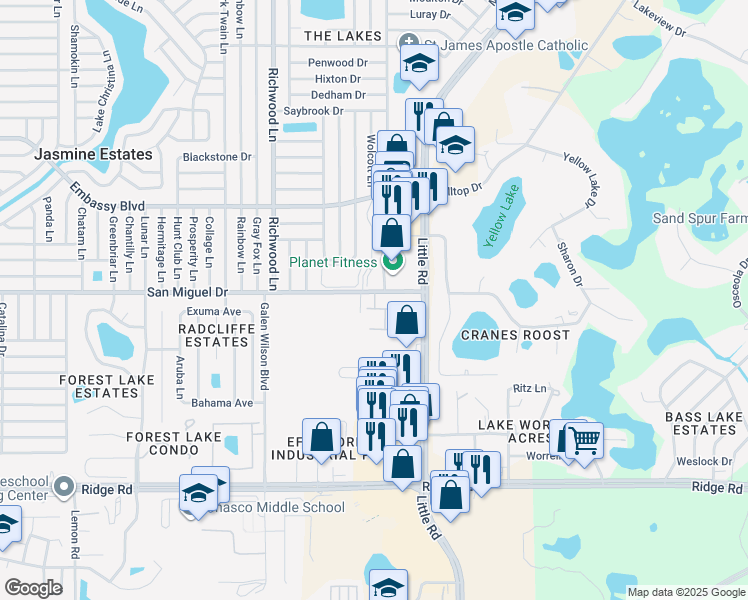 map of restaurants, bars, coffee shops, grocery stores, and more near Miguel Place in Port Richey