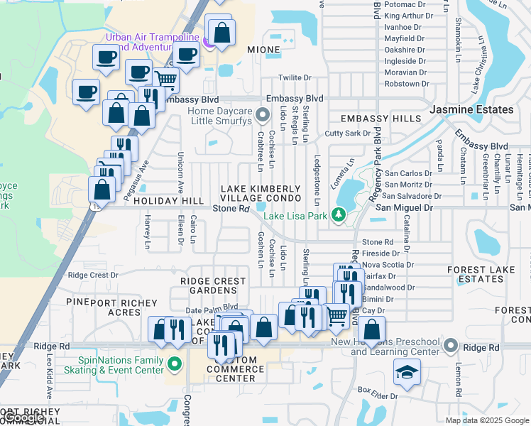 map of restaurants, bars, coffee shops, grocery stores, and more near 8921 Cochise Lane in Port Richey