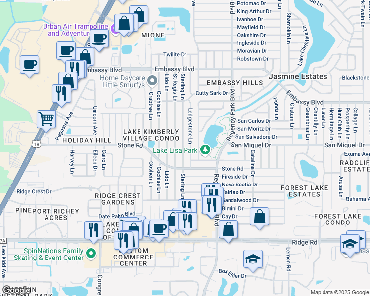 map of restaurants, bars, coffee shops, grocery stores, and more near 8946 Sterling Lane in Port Richey