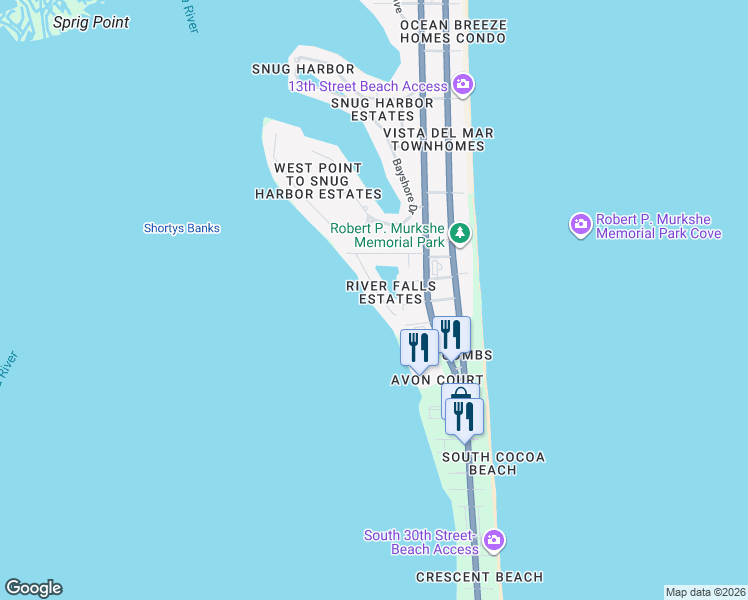 map of restaurants, bars, coffee shops, grocery stores, and more near 54 River Falls Drive in Cocoa Beach