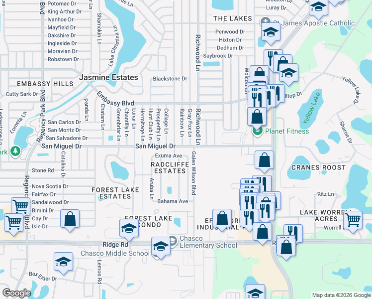 map of restaurants, bars, coffee shops, grocery stores, and more near 7932 San Miguel Drive in Port Richey