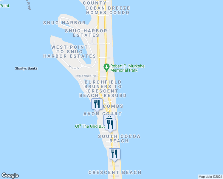 map of restaurants, bars, coffee shops, grocery stores, and more near 1901 South Atlantic Avenue in Cocoa Beach