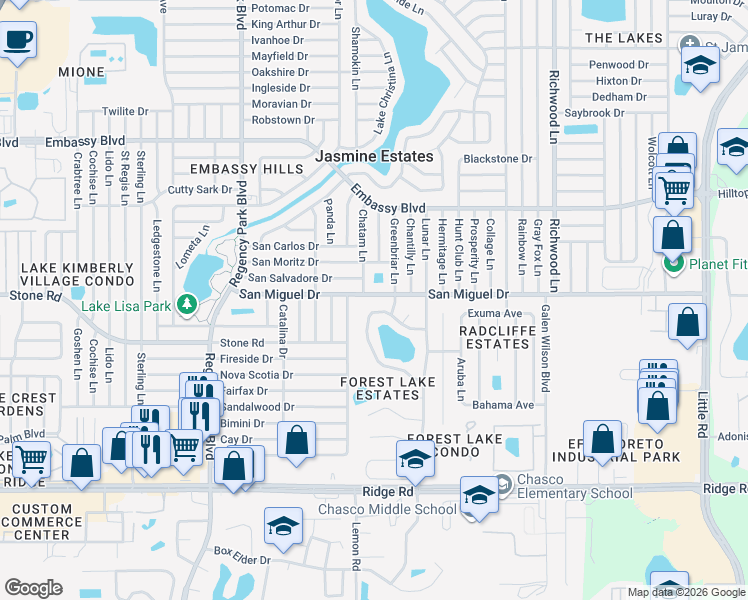 map of restaurants, bars, coffee shops, grocery stores, and more near 7502 Lake Forest Circle in Port Richey