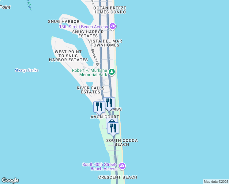 map of restaurants, bars, coffee shops, grocery stores, and more near 1901 South Atlantic Avenue in Cocoa Beach