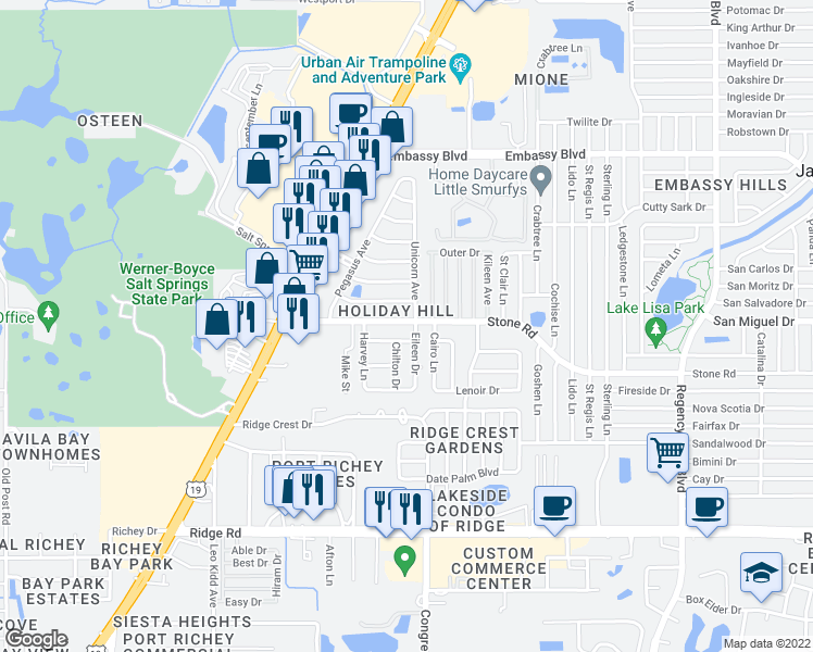 map of restaurants, bars, coffee shops, grocery stores, and more near 6430 Stone Road in Port Richey