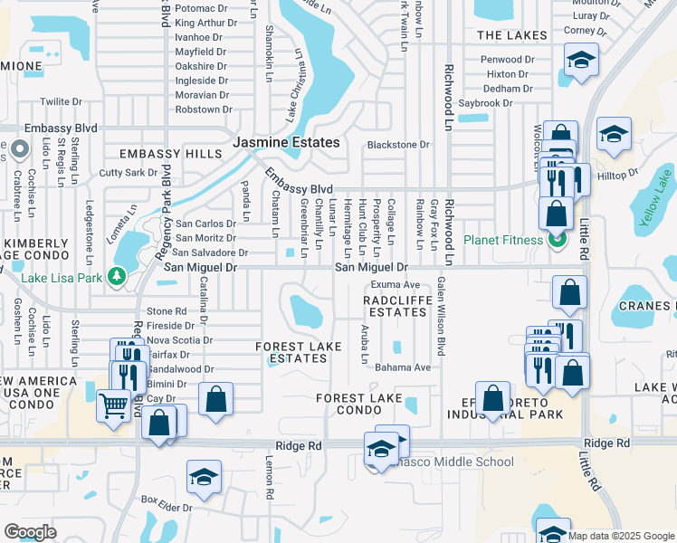 map of restaurants, bars, coffee shops, grocery stores, and more near 8950 Forest Lake Drive in Port Richey