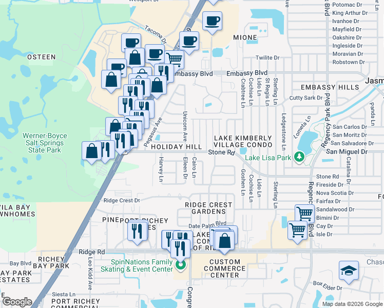 map of restaurants, bars, coffee shops, grocery stores, and more near 8923 Cairo Lane in Port Richey