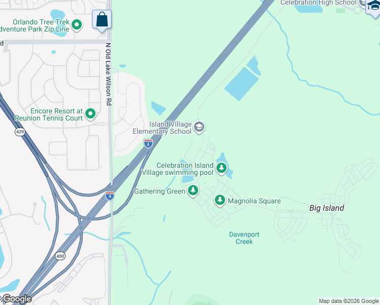 map of restaurants, bars, coffee shops, grocery stores, and more near 2089 Celebration Boulevard in Celebration