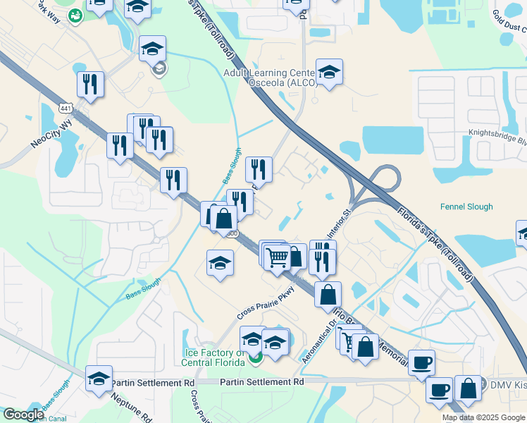 map of restaurants, bars, coffee shops, grocery stores, and more near 201-225 Simpson Road in Kissimmee