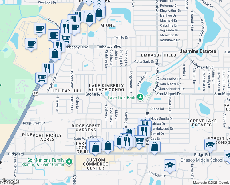 map of restaurants, bars, coffee shops, grocery stores, and more near 9021 Saint Regis Lane in Port Richey