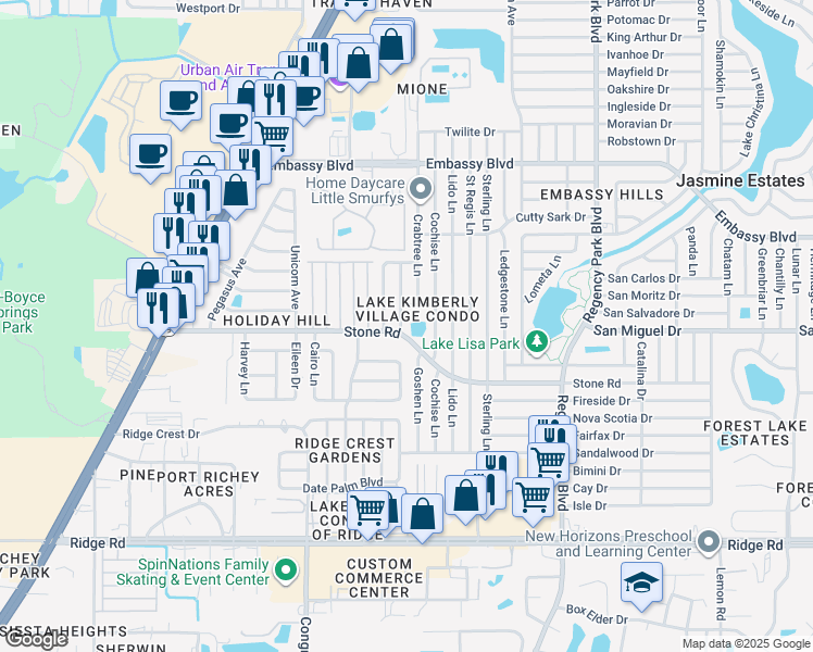 map of restaurants, bars, coffee shops, grocery stores, and more near 9004 Shallowford Lane in Port Richey