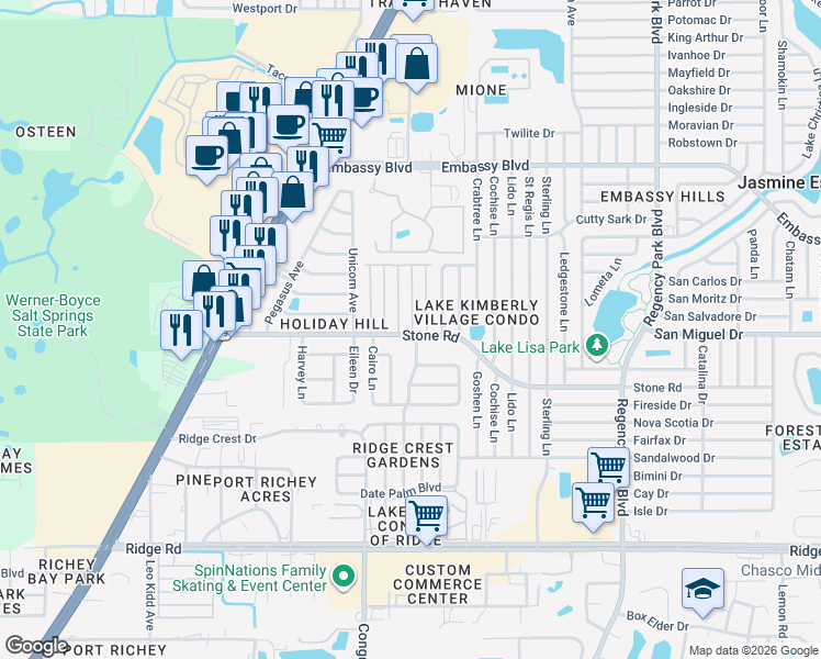map of restaurants, bars, coffee shops, grocery stores, and more near 9025 Robert Avenue in Port Richey