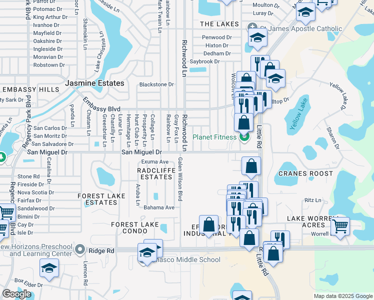 map of restaurants, bars, coffee shops, grocery stores, and more near 9006 Richwood Lane in Port Richey