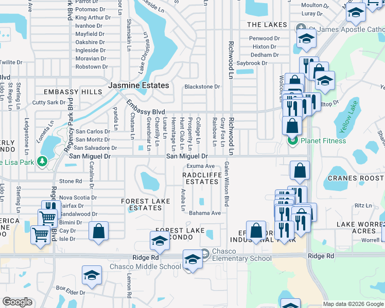 map of restaurants, bars, coffee shops, grocery stores, and more near 9006 Prosperity Lane in Port Richey