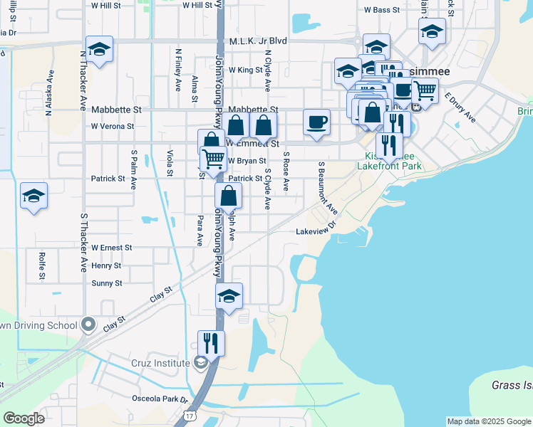 map of restaurants, bars, coffee shops, grocery stores, and more near 319 South Dillingham Avenue in Kissimmee