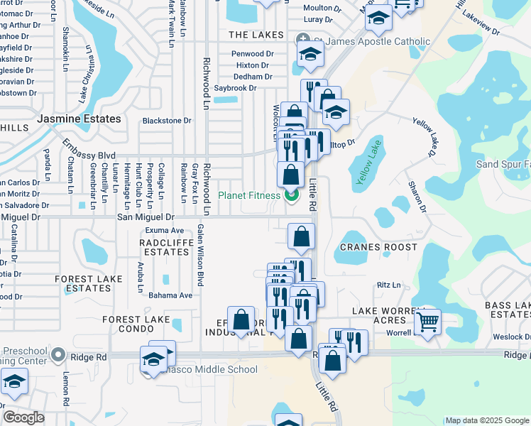 map of restaurants, bars, coffee shops, grocery stores, and more near 8332 Alnwick Circle in Port Richey